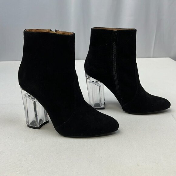 Qupid Shoes - Qupid Womens Black Pointed Toe Clear Block Heel Side Zip Ankle Booties Size 6.5